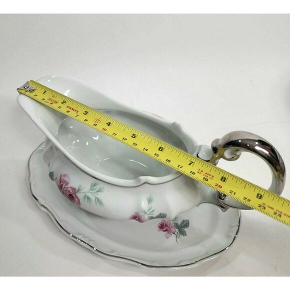 Home Arts ENCHANTED ROSE Pink Gravy Boat with Attached Underplate Germany - Picture 5 of 11